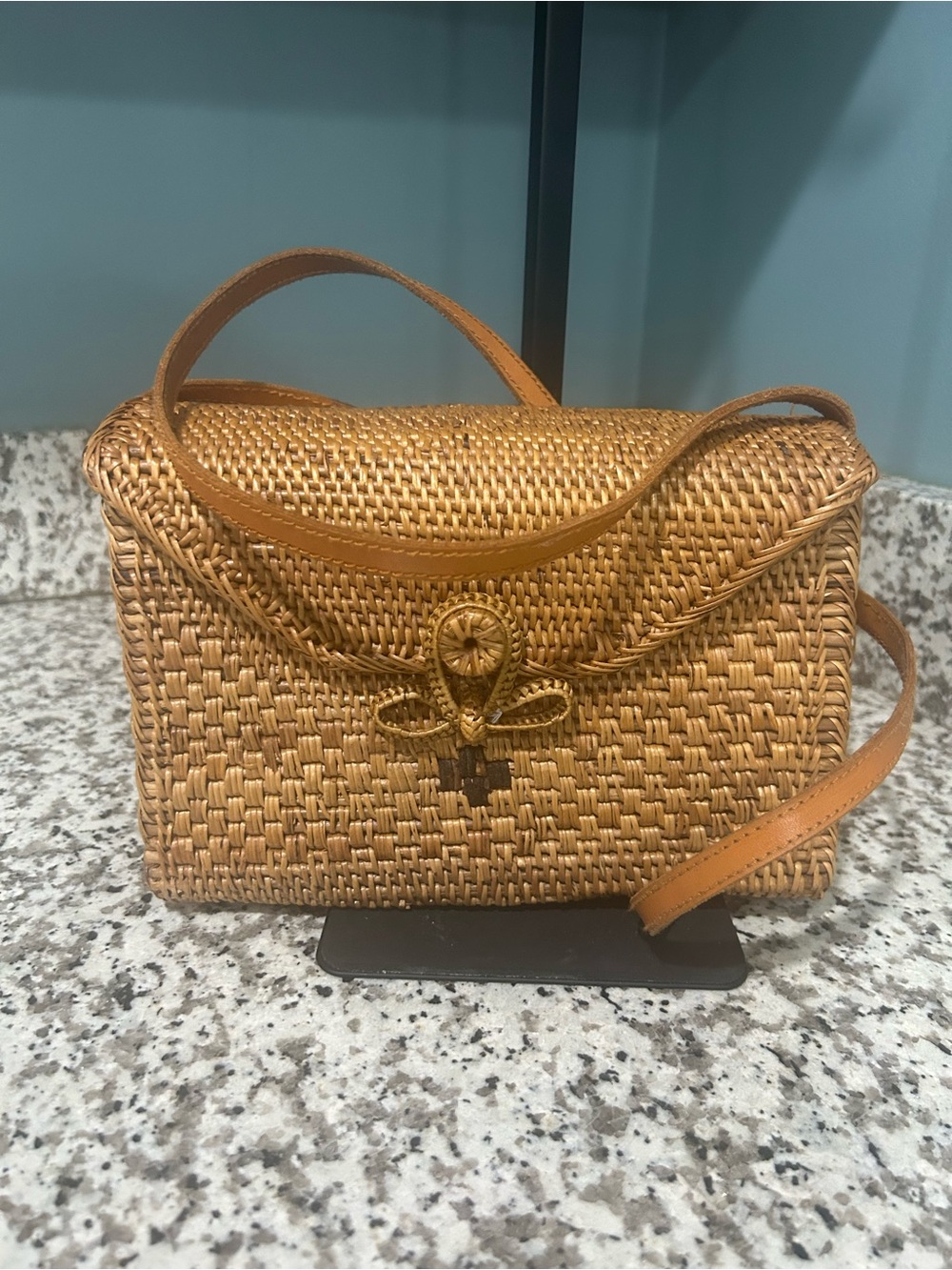 Woven Straw Crossbody Bag with Leather Trim - Tan